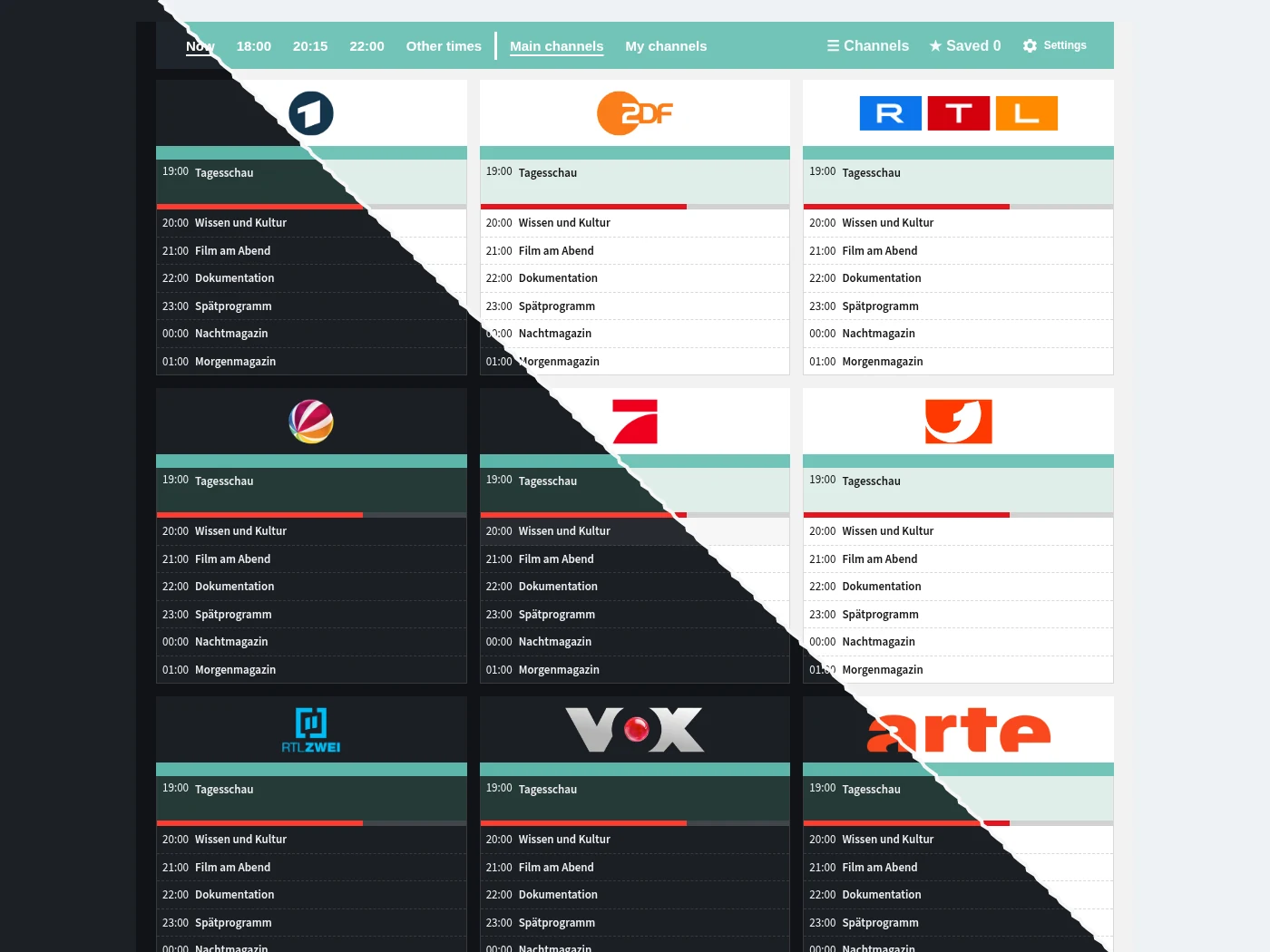 Add TV Guide to your own dashboard. The complete guide is also ready to use in the sidebar. The image shows the card in light and dark mode.